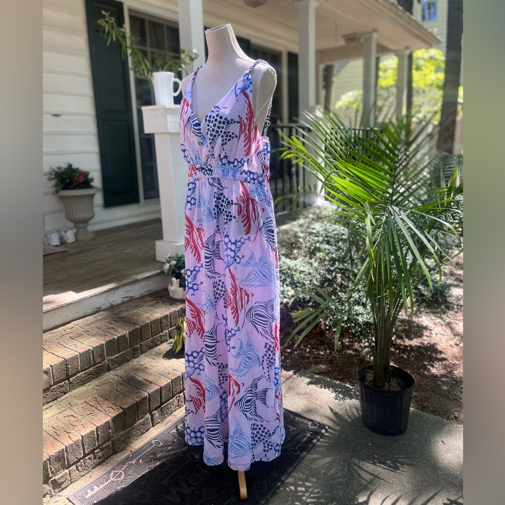 Loft NWT Maxi Dress, Double Fish Print, Spaghetti Straps, XL, Red + Blue - Picture 5 of 15